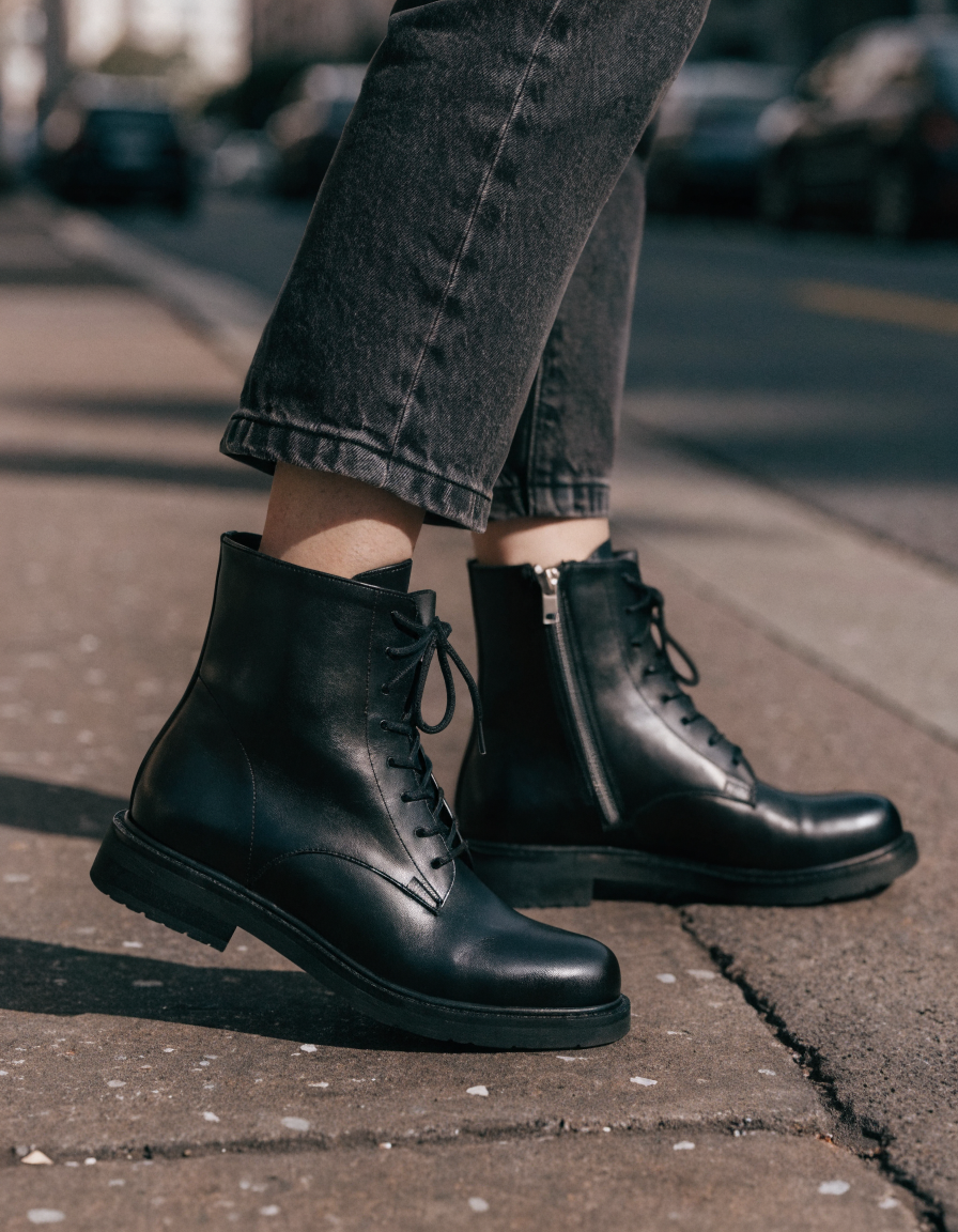 Black lace-up ankle boots with side zip and stacked sole worn with straight-leg jeans