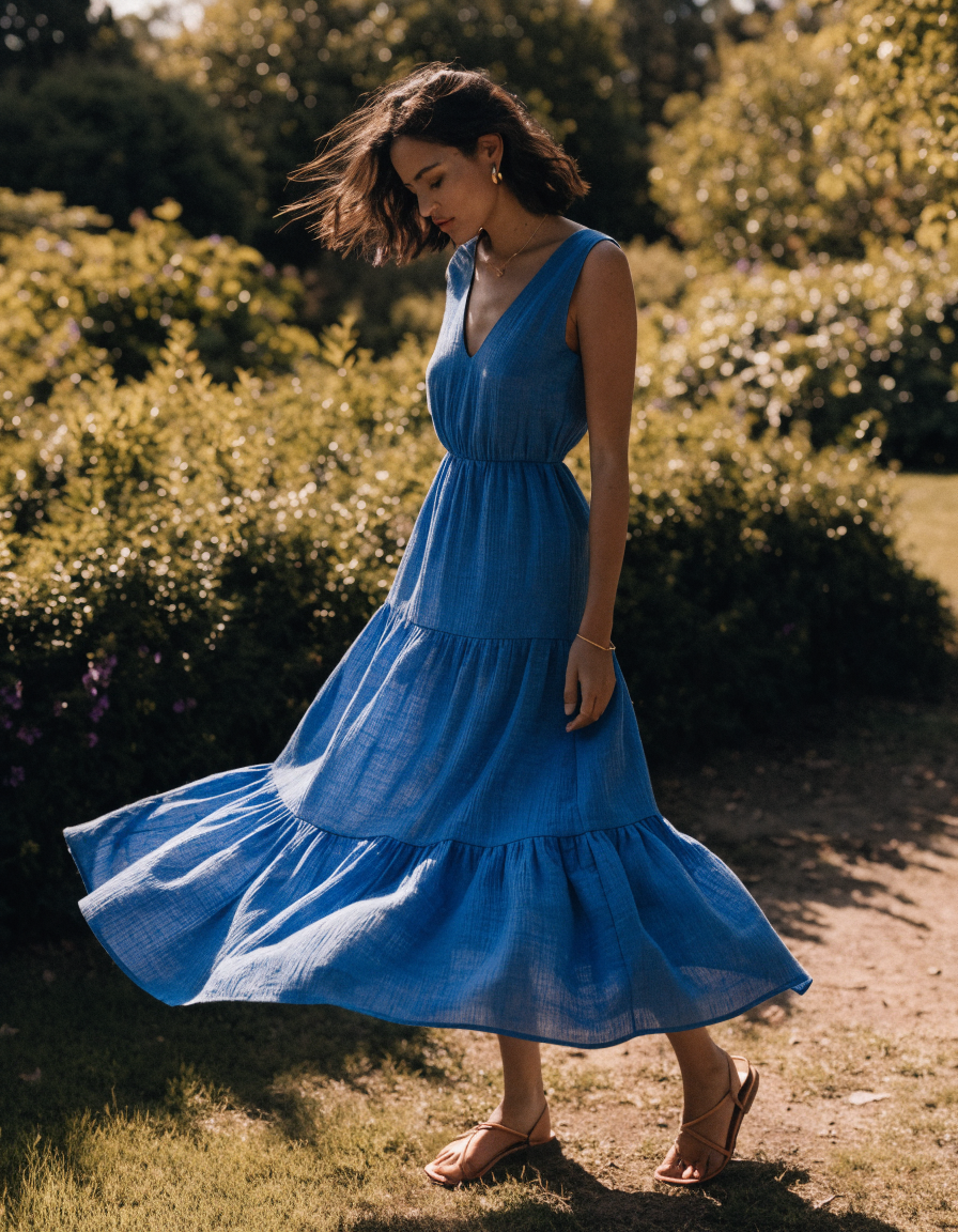 Woman wearing a blue tiered ruffle V-neck maxi dress in a sunlit garden