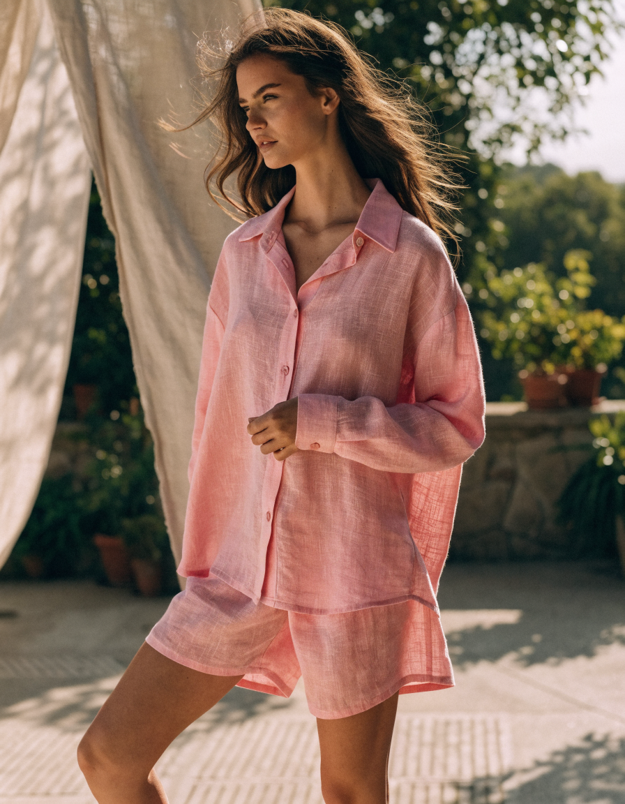 Woman wearing a soft pink woven button-front shirt and matching shorts set on a sunlit terrace