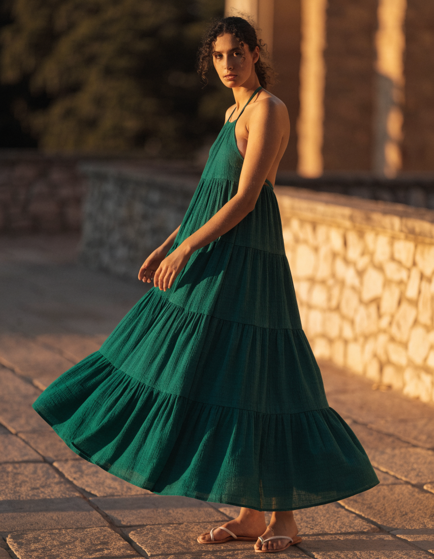Woman wearing a green halter neck tiered maxi dress on a sunlit terrace