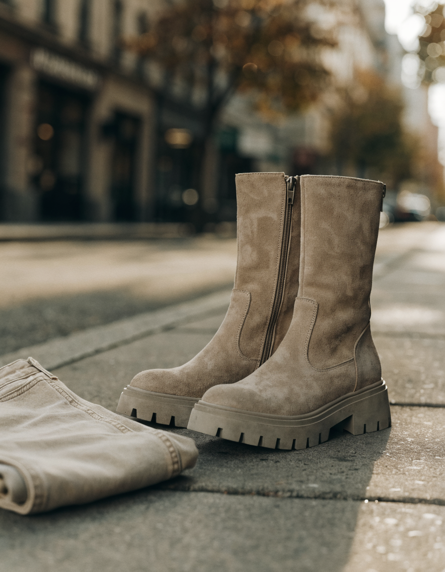 Beige suede-look ankle boots with side zip and chunky lug sole on a city sidewalk