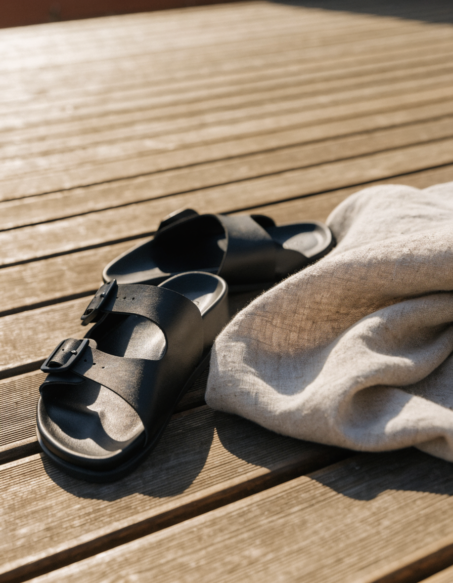 Black open-toe buckle sandals with a contoured footbed on a sunlit wooden deck