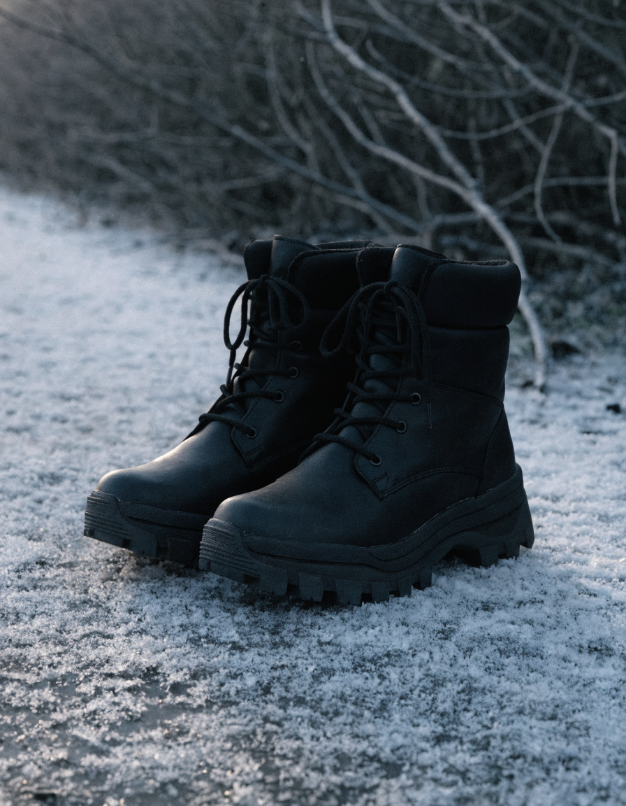 Black lace-up winter boots with padded collar and deep lug outsole on a frosty path