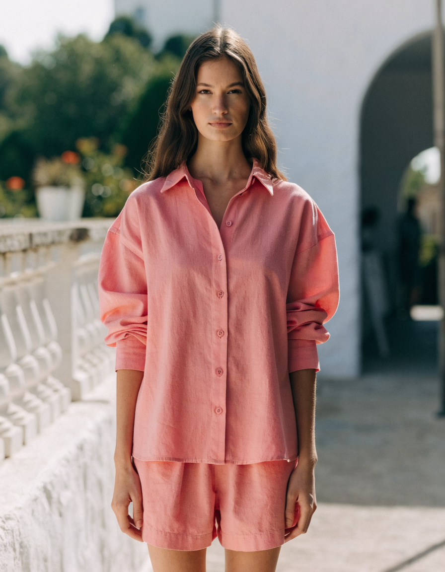Pink woven button-front shirt and shorts set, front view on a sunlit terrace