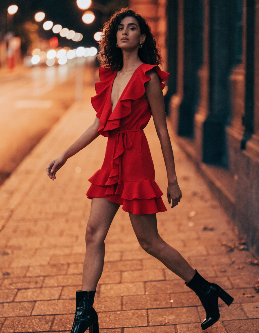 Red tie-waist ruffle mini dress styled with a black block heel on an evening street