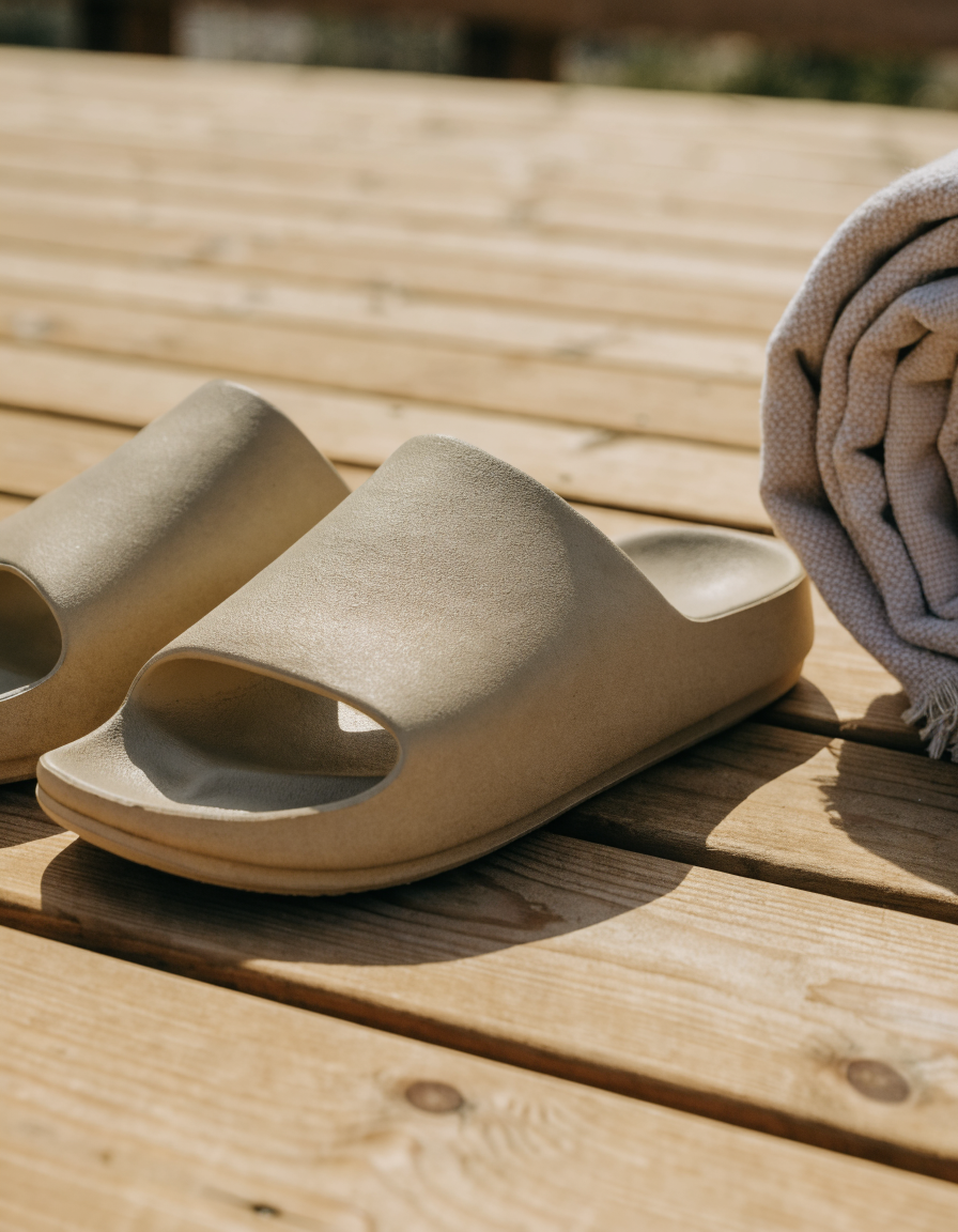 Khaki slide sandals angled on a sunlit wooden deck beside a beach towel