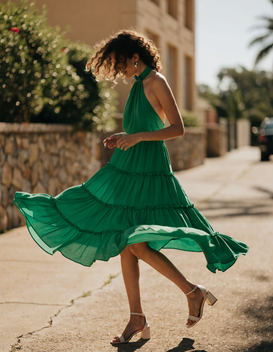 Green halter neck maxi dress in movement, skirt lifting in a light breeze