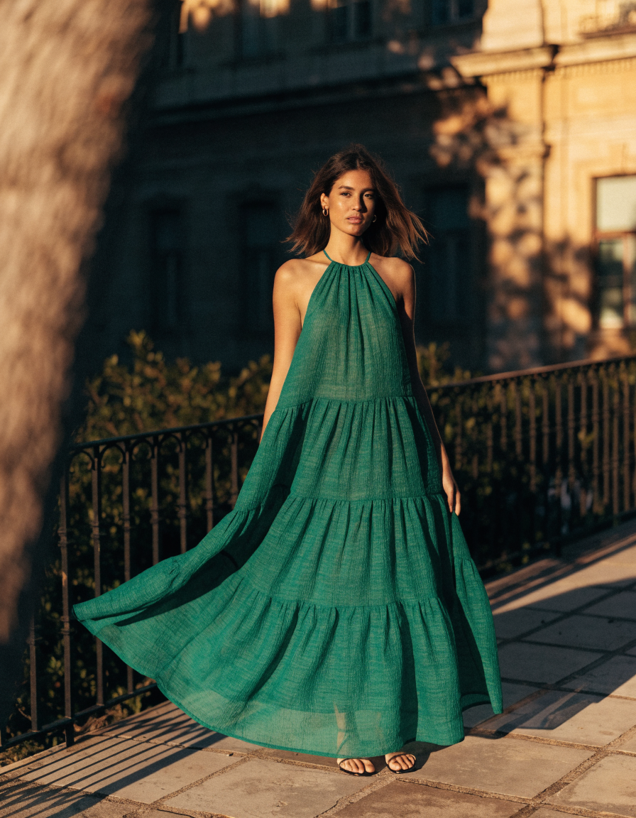 Green halter neck tiered maxi dress, front view in golden hour light