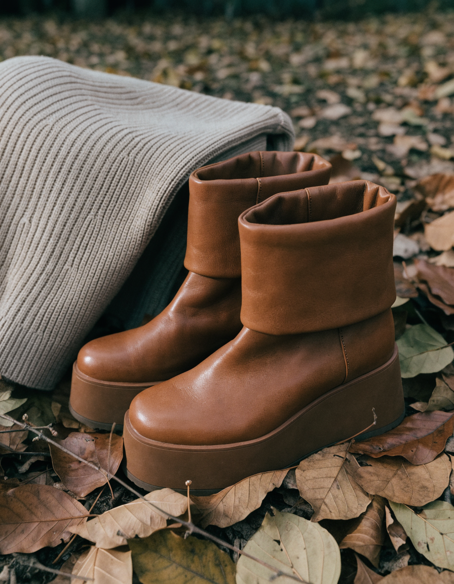 Brown fold-over cuff platform ankle boots on autumn leaves beside a knit skirt