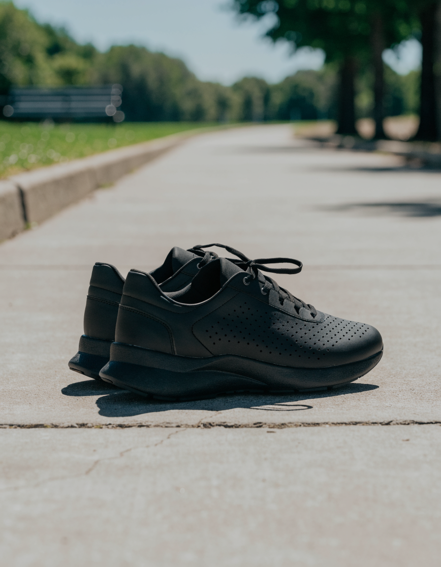 Black perforated lace-up athletic sneakers, side profile on a park path