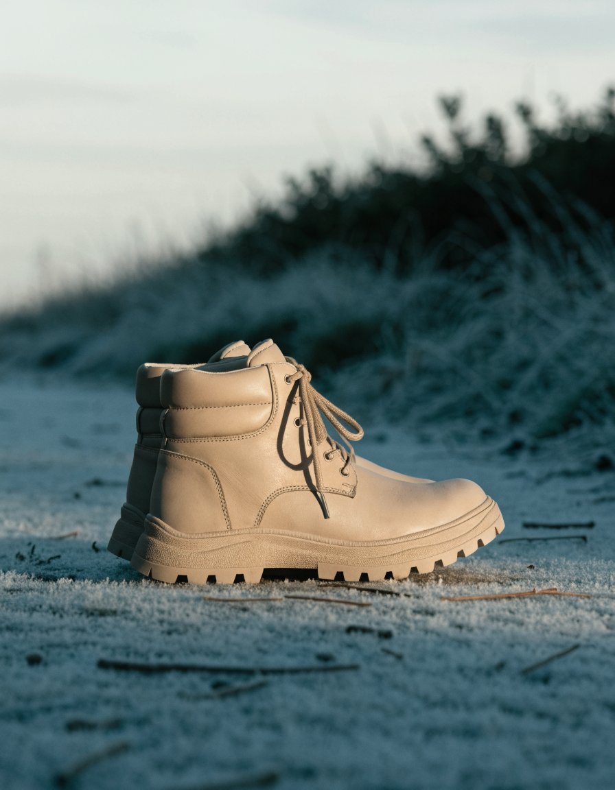 Beige lace-up winter boots with padded collar and lug sole on a frosty path
