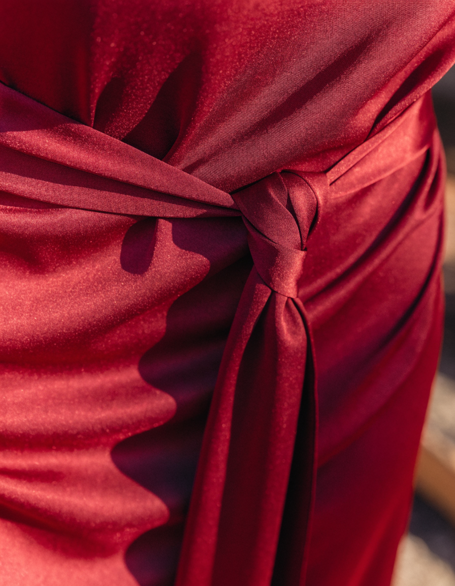 Detail of the self-tie fabric sash knotted at the waist of the red dress