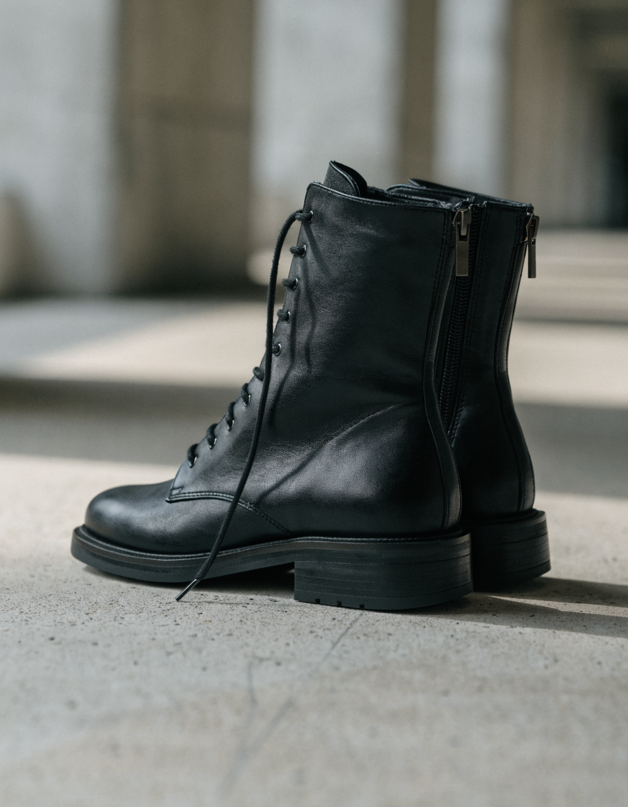 Black lace-up ankle boots with side zip, side profile on pale concrete