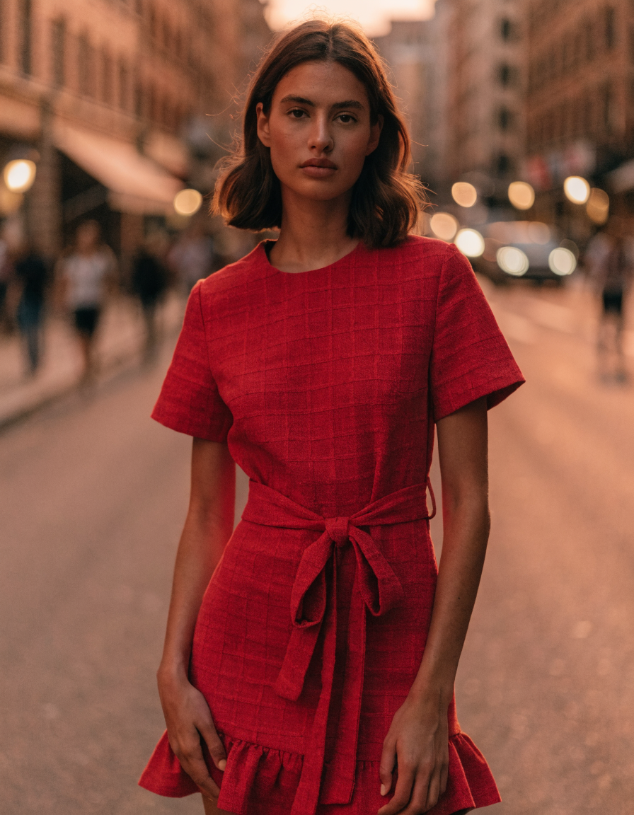 Red tie-waist ruffle mini dress, front view on a warm evening street