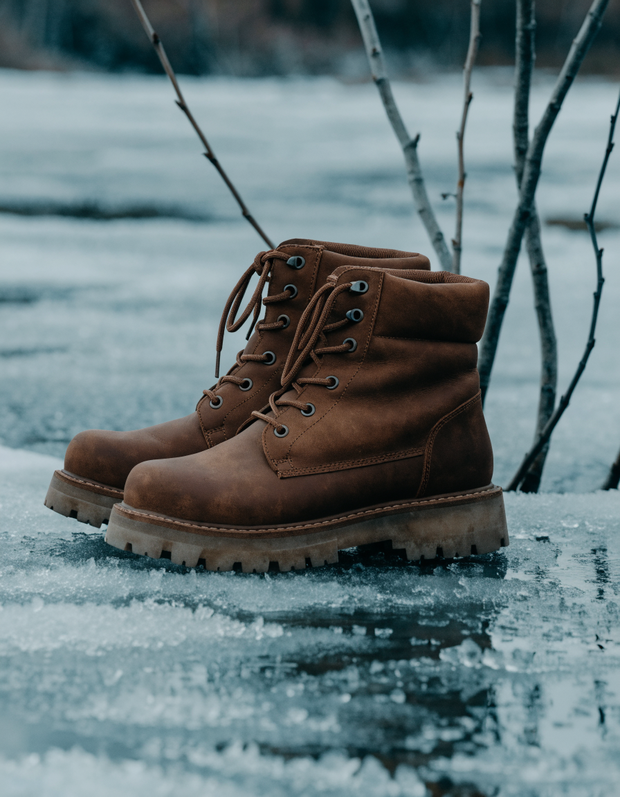 Brown lace-up winter boots angled on frozen ground with bare branches behind