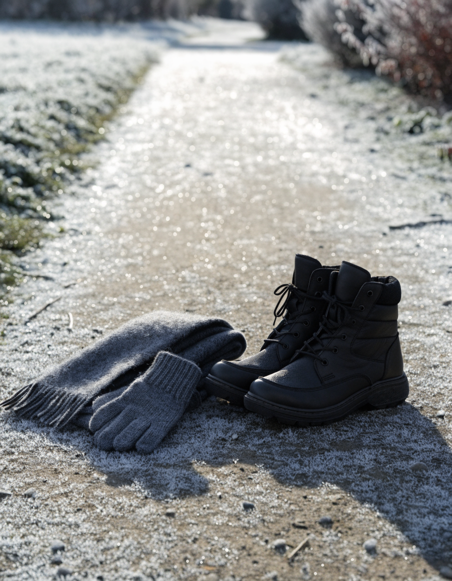 Black lace-up winter boots on a frosty path beside a wool scarf and knitted gloves