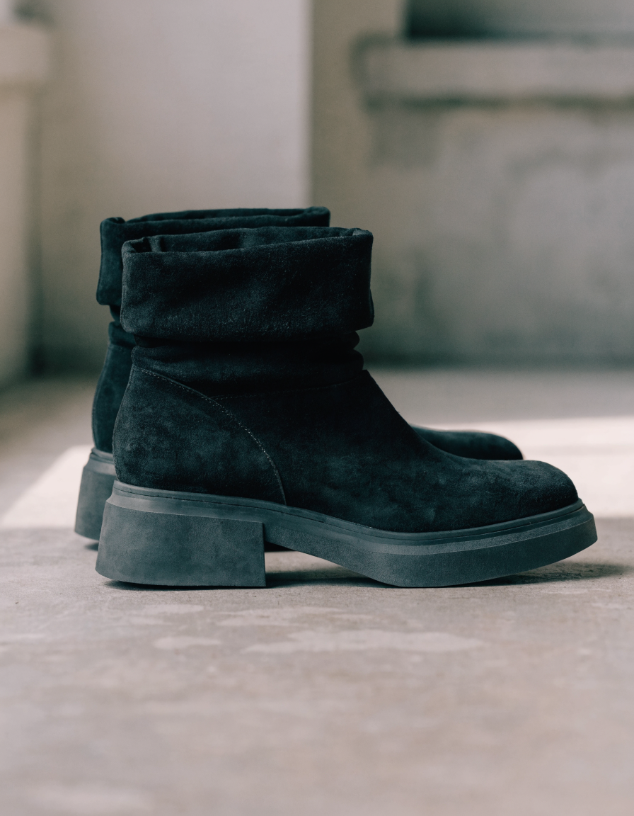 Black fold-over cuff platform ankle boots, cuff folded down, side profile