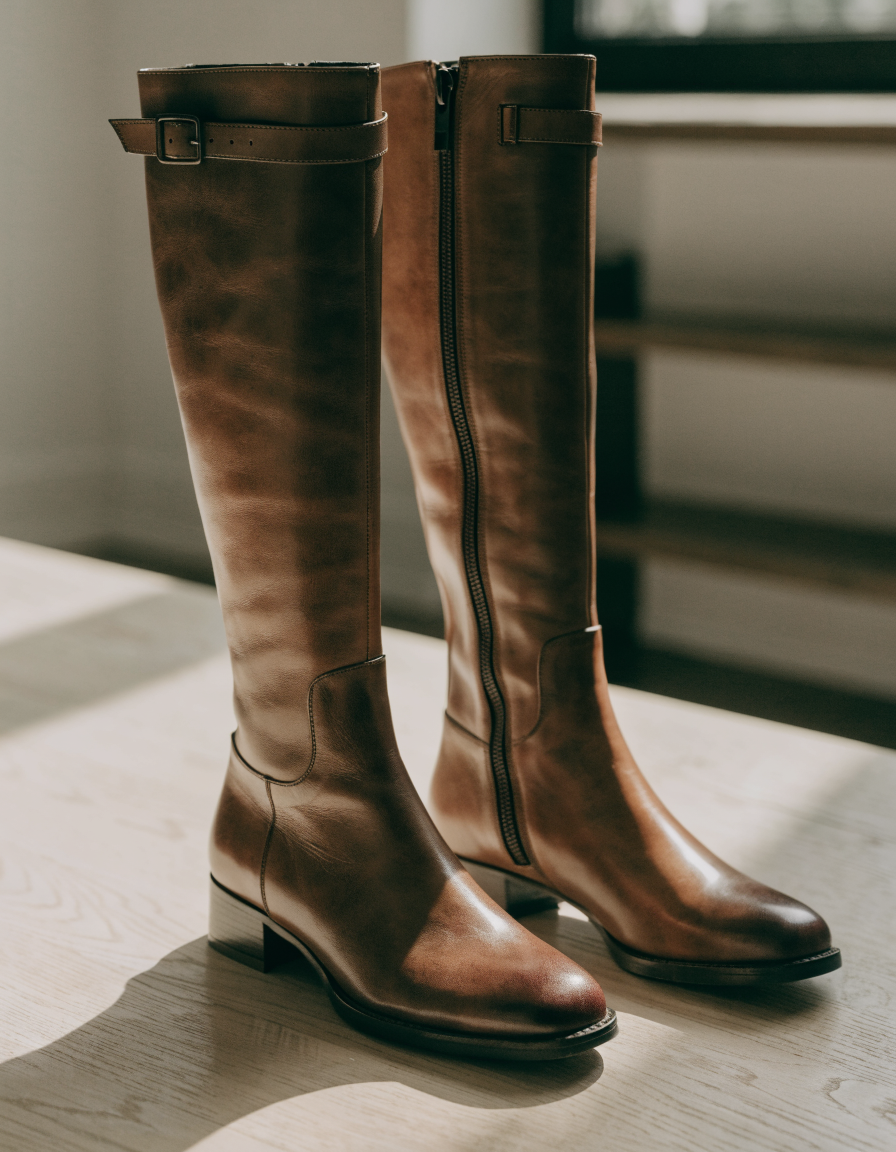 Brown knee-high boots with a side zip and buckle strap at the shaft