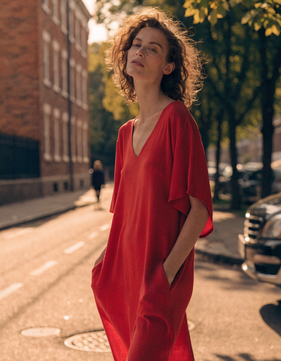 Woman wearing a red V-neck viscose midi dress with hands in the side pockets