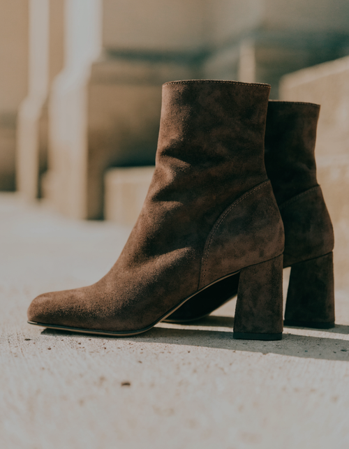 Dark brown suede-effect ankle boots with a square toe and block heel