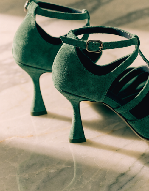 Green suede-look multi-strap dress heels with a buckle fastening