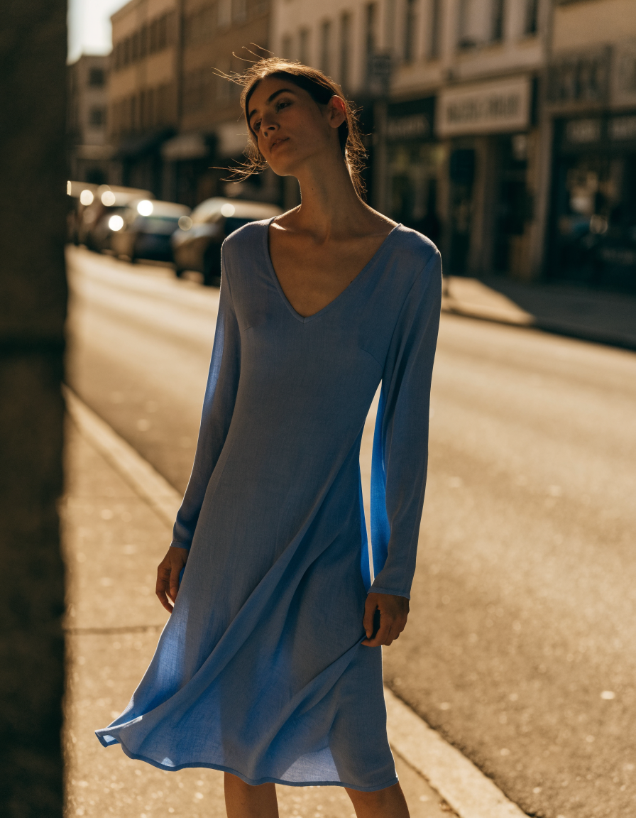Blue V-neck viscose midi dress draping fluidly on a sunlit street