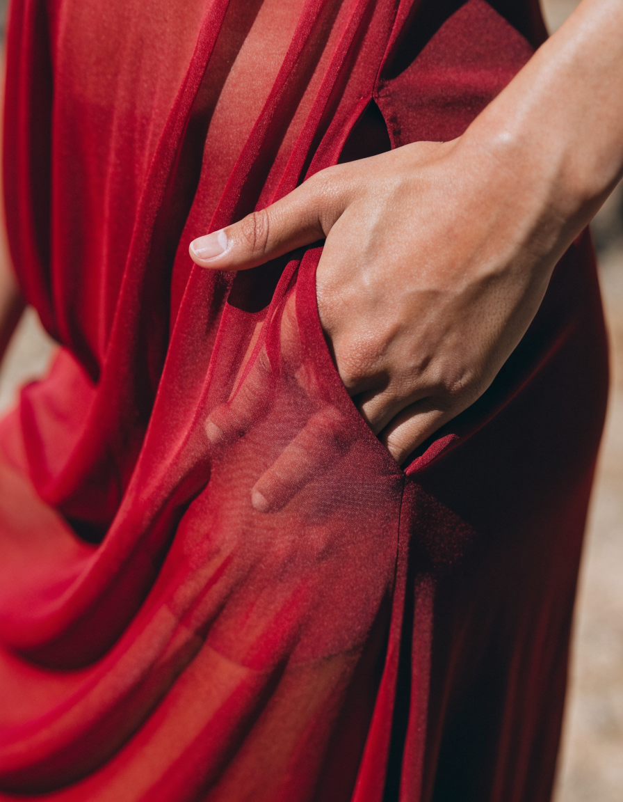 Detail of the deep side seam pocket on the red viscose midi dress