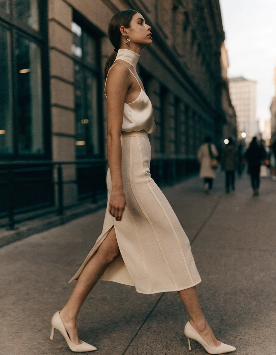 Cream panel seam midi skirt styled with a silk camisole and heels, back slit opening mid-stride