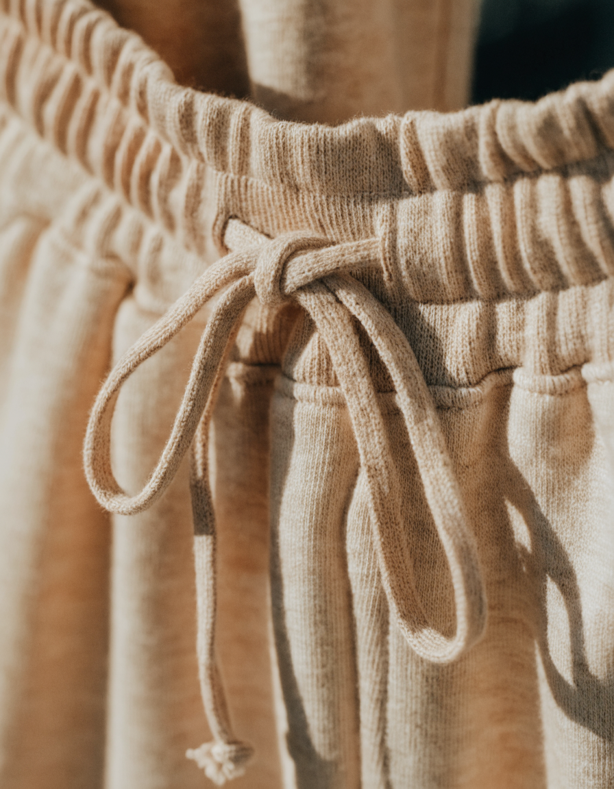Detail of the soft drawstring waistband and knit texture of the lounge pants