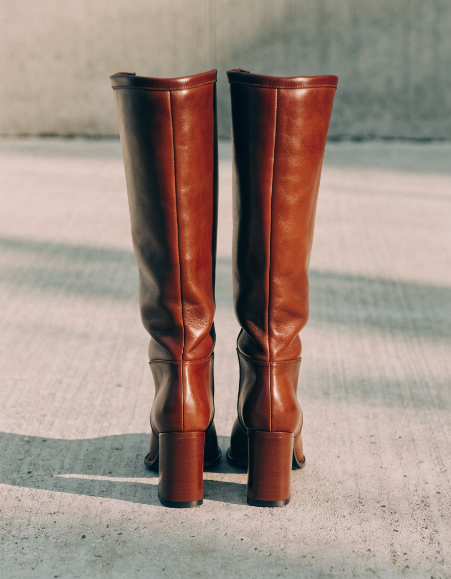 Rear view of the brown knee-high boots showing full shaft height and back seam
