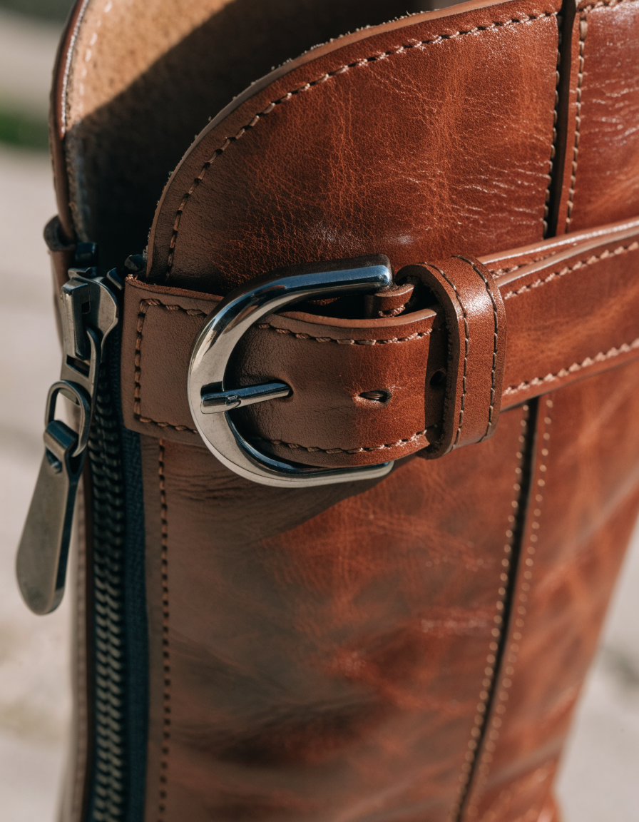 Detail of the buckle strap and side zip pull at the top of the boot shaft