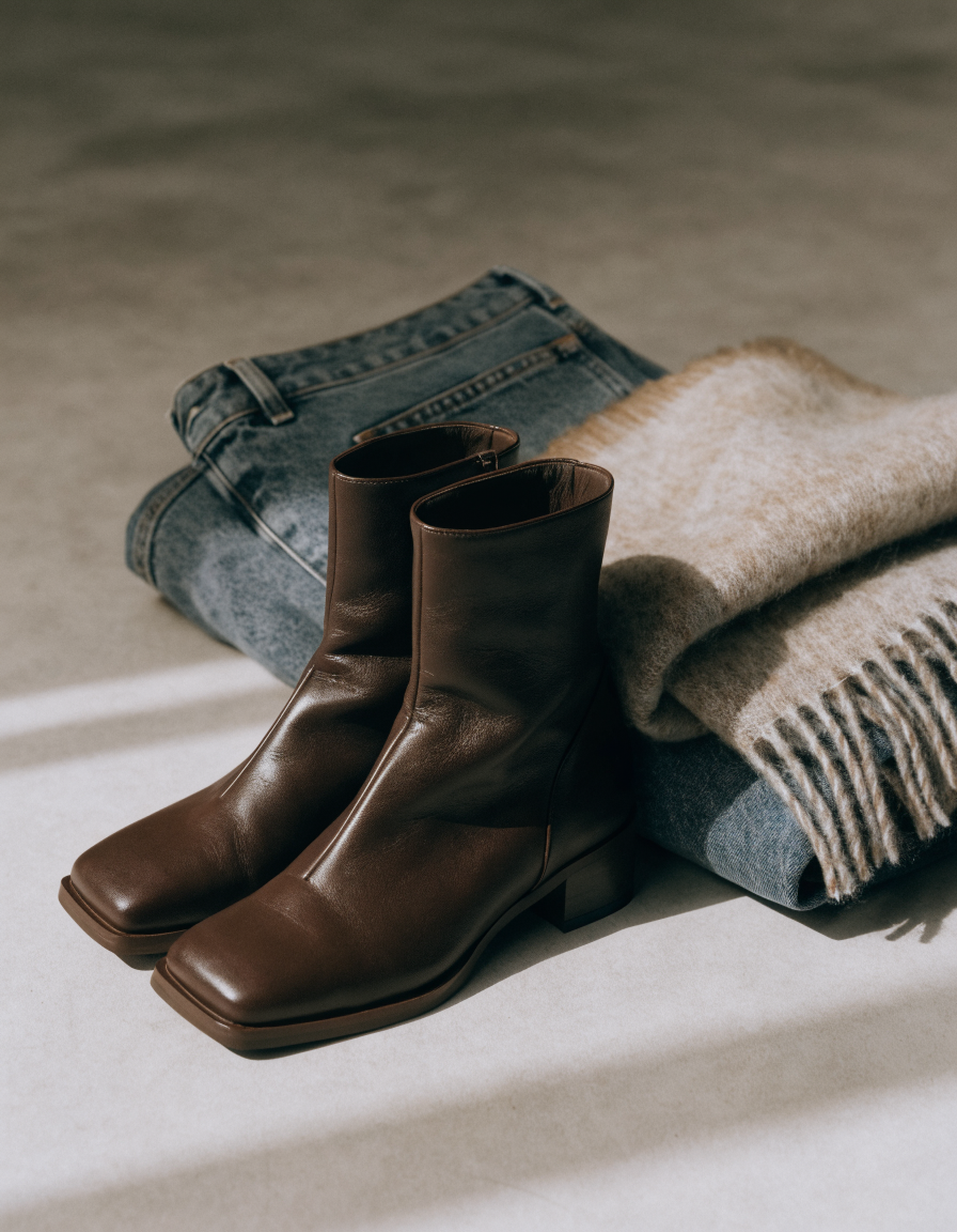Dark brown square toe ankle boots beside folded straight-leg jeans and a wool scarf