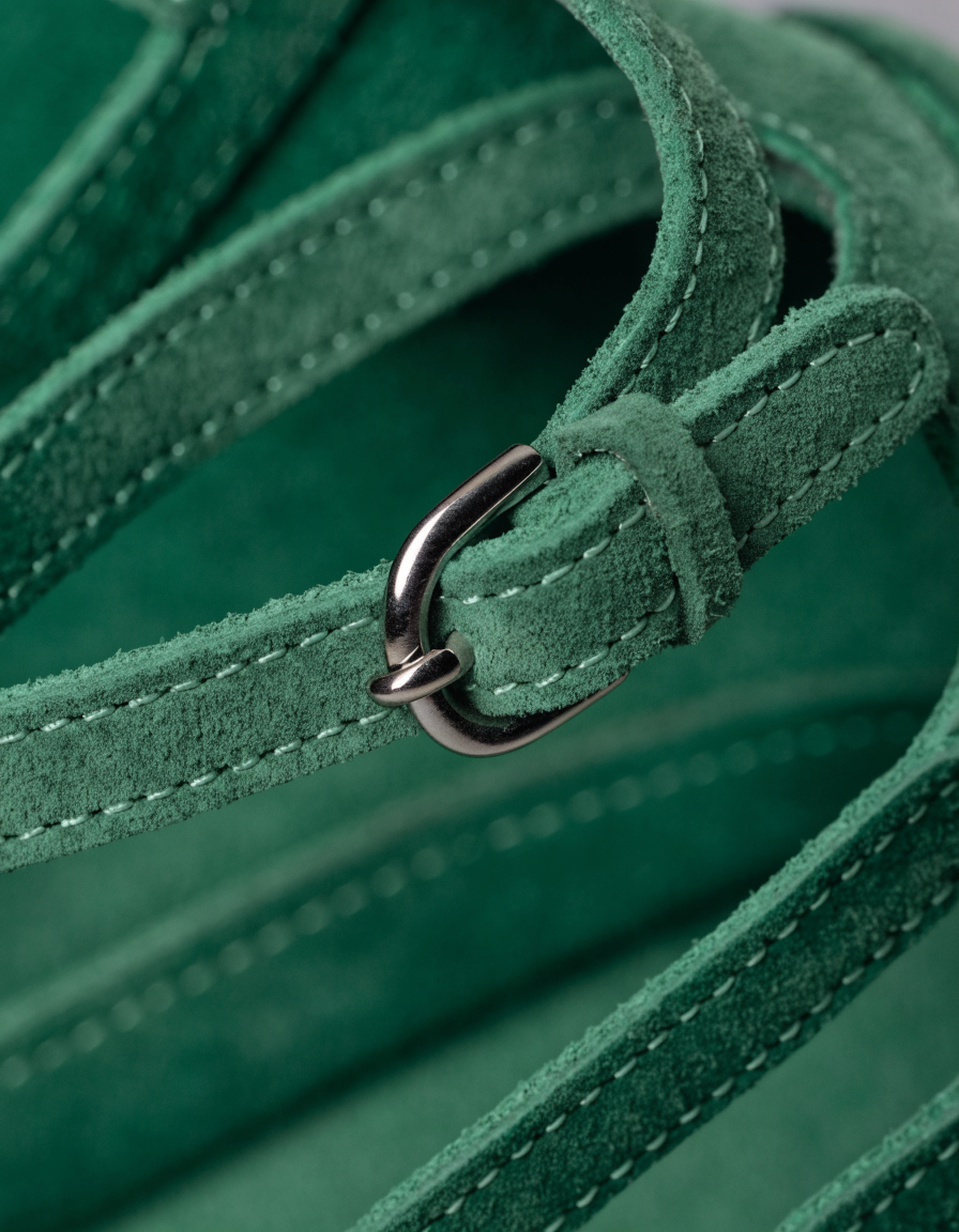 Detail of the small ankle buckle on the green suede-look strappy heel