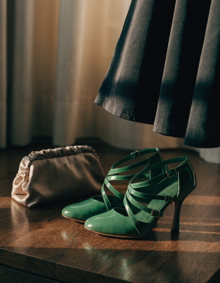 Green multi-strap dress heels beside a clutch bag and a draped midi hem
