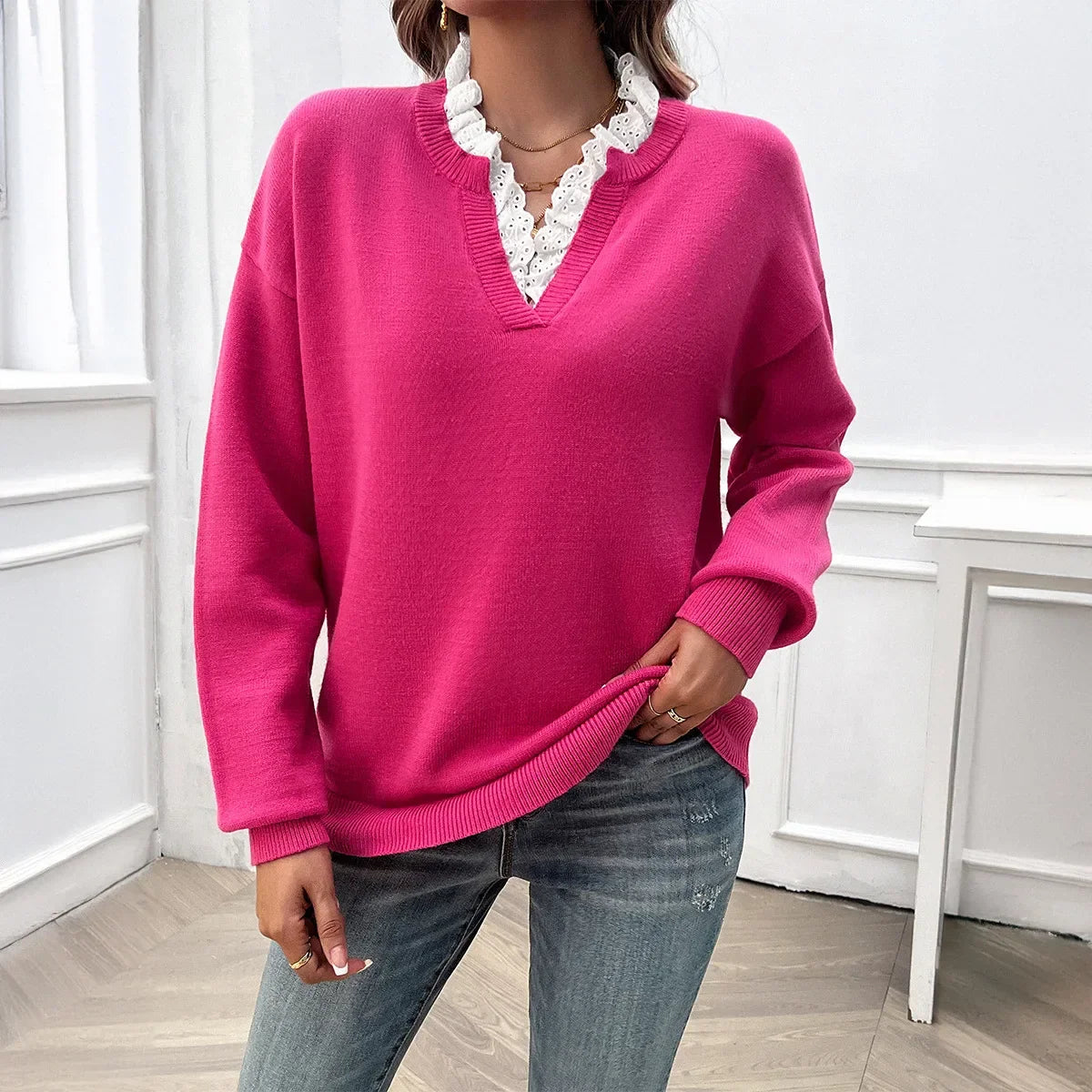ADELINE — Women's Lace Ruffle V-Neck Fine Knit Sweater
