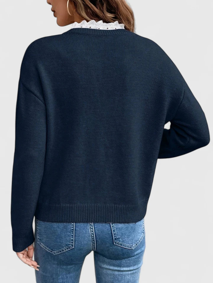 ADELINE — Women's Lace Ruffle V-Neck Fine Knit Sweater