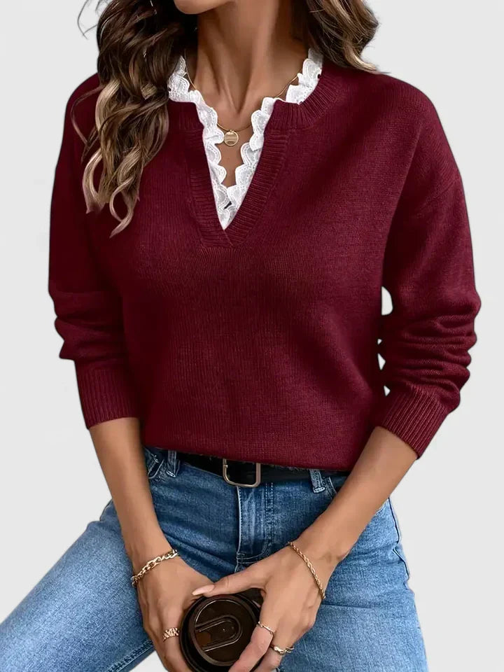 ADELINE — Women's Lace Ruffle V-Neck Fine Knit Sweater