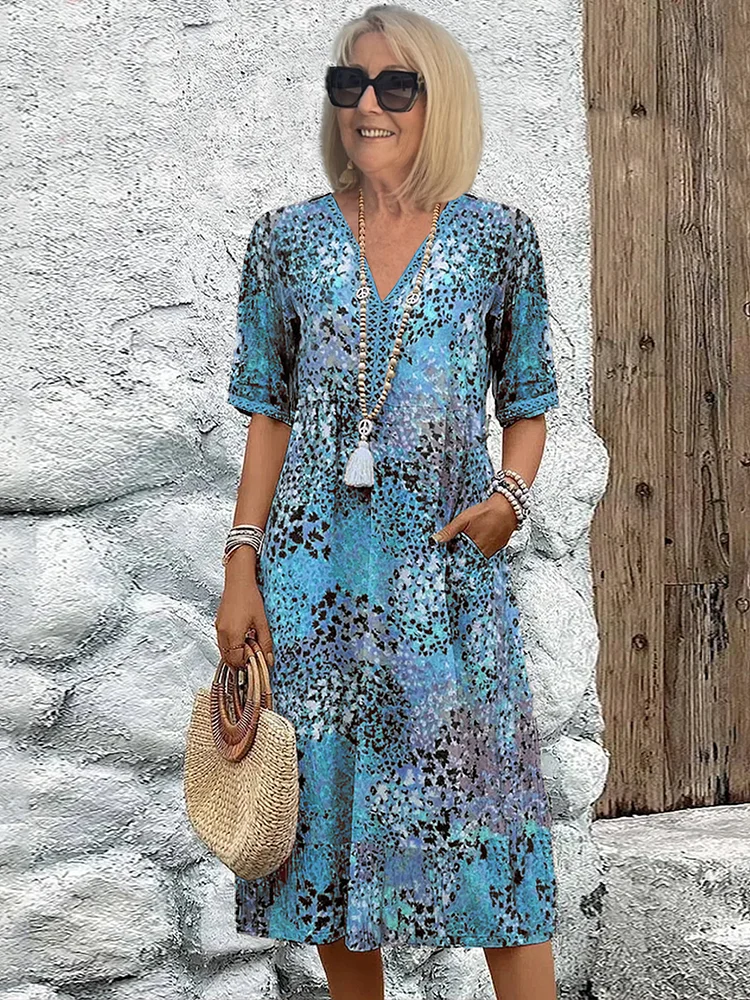 CLARA — Women's V-Neck Midi Dress with Side Pockets
