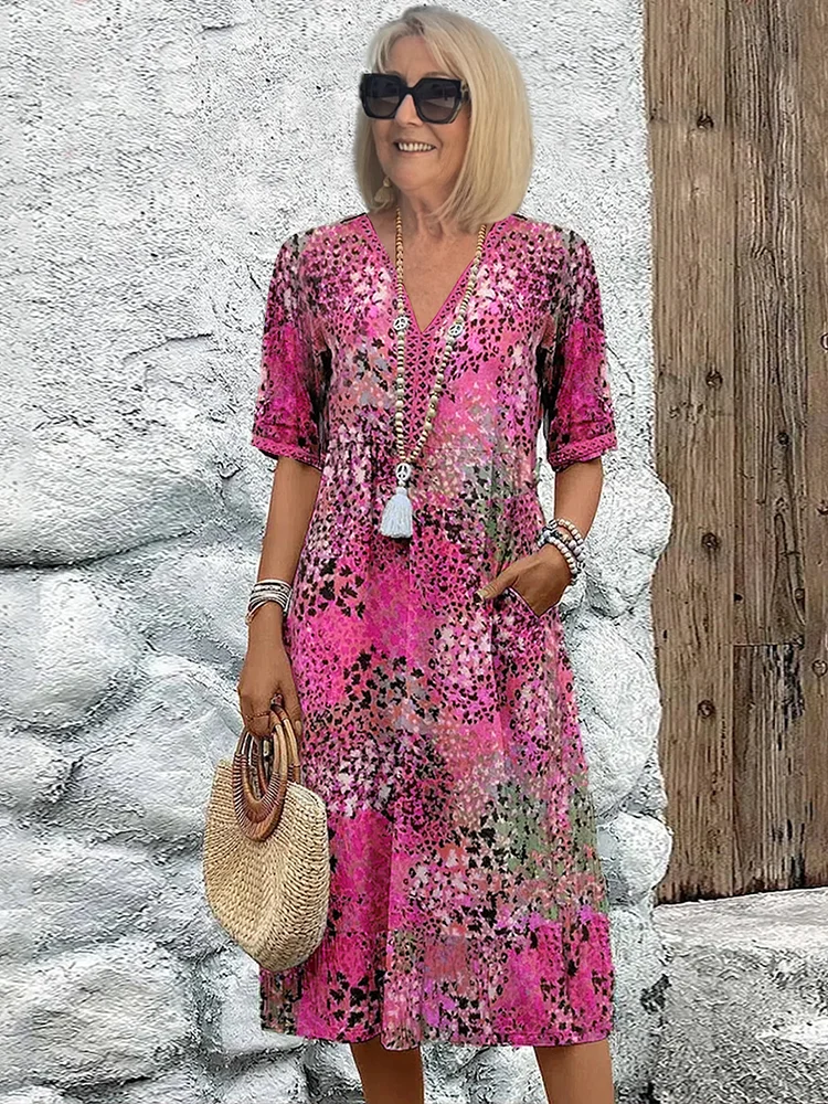 CLARA — Women's V-Neck Midi Dress with Side Pockets