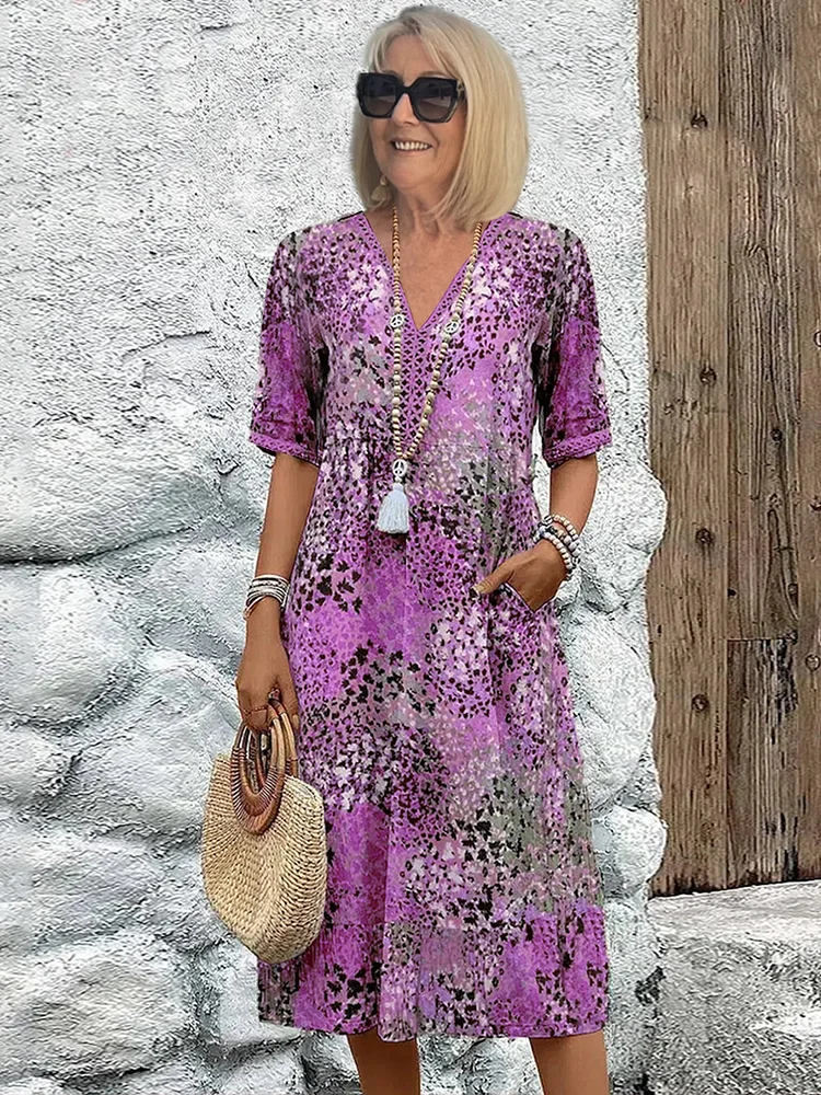 CLARA — Women's V-Neck Midi Dress with Side Pockets