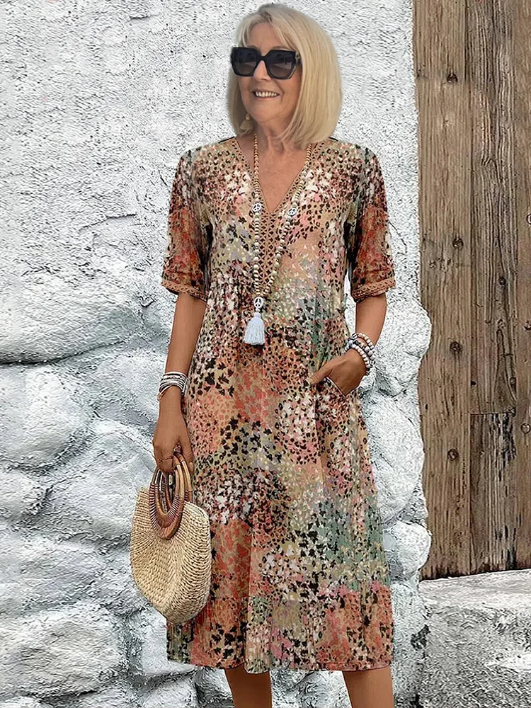 CLARA — Women's V-Neck Midi Dress with Side Pockets
